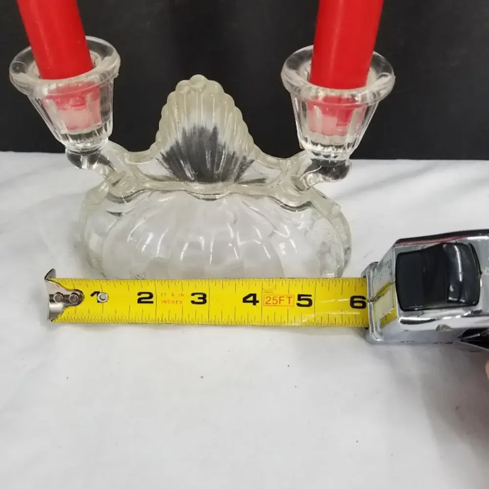 Vintage Pair Glass Double stick Candlestick Holders clear Pressed